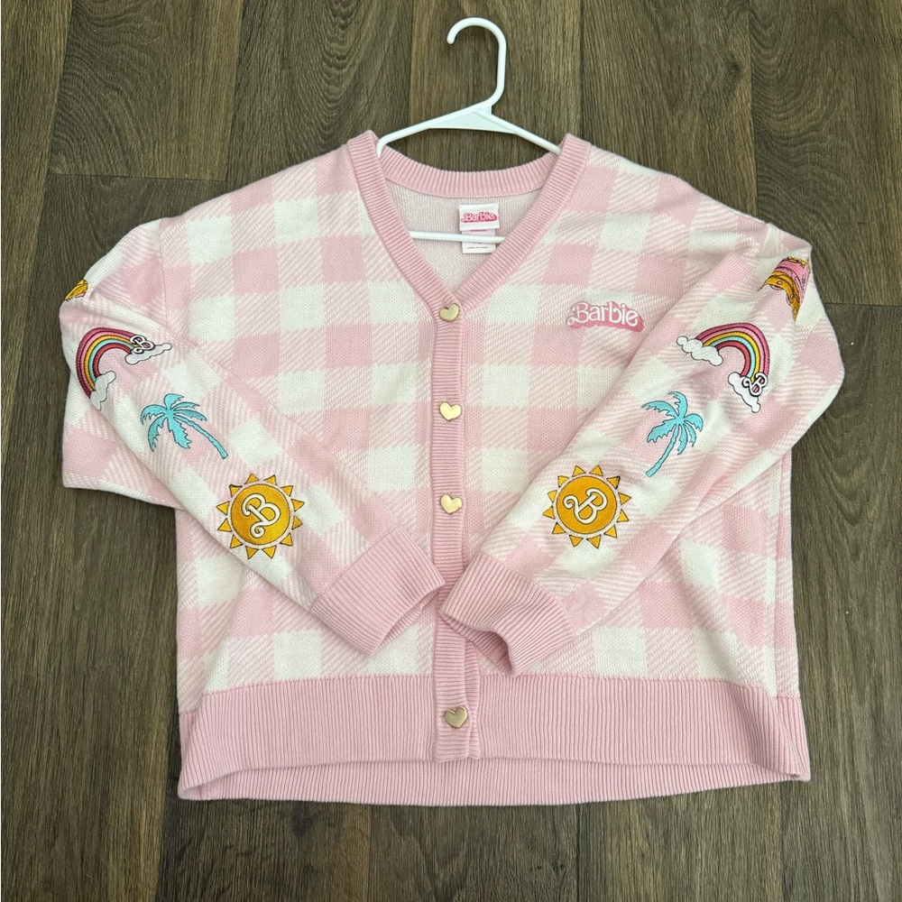Barbie Hot Topic Pink Cardigan with Rainbow & Sun Patches  Cottagecore Sweater M